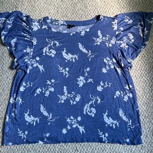 Loft- blue floral flutter sleeve - linen tee- XL